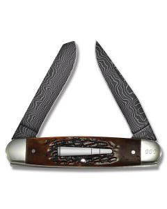 Remington 2015 The Cliffhanger" Bullet Knife 3.625" with Amber Jigged Bone Handle and Damascus Steel Plain Edge Blades Model RE4466D