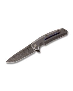 Reate Knives Epoch Folding Knife with Gray Anodized Titanium Handle and Damascus Steel 3.75" Drop Point Plain Edge Blade Model EPOCHDAM