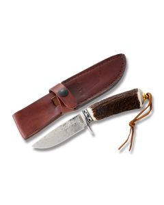 Schrade Uncle Henry Limited Edition Hunter with Stag Handles and Damascus Steel 3.625" Clip Point Plain Edge Blades Model UHP17-31CP