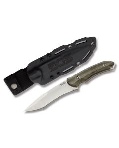 SOG Small Kiku Fixed Blade with Green Linen Micarta Handle and AUS- 8 Stainless STeel 5.125" Clip Point Plain Edge Blade Model KU-2001