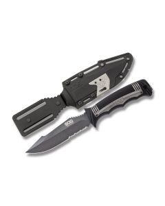 SOG Seal Strike Fixed Blade with Black and Silver Glass Reinforced Nylon Handle and Powder Coated AUS-8 Stainless Steel 5" Clip Point Partially Serrated Blade Model SS1002-CP