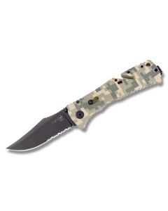 SOG Digi Camo Trident Folder with Camo Zytel Handle with AUS-8 Stainless Steel 3.25" Drop Point Partially Serrated Blade Model TF10-CP