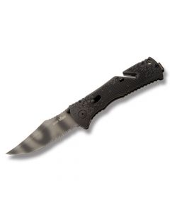 SOG Trident Folder with Black Zytel Handle and Tiger striped  AUS-8 Stainless Steel 3.75" Clip Point Partially Serrated Blade Model TF3-CP