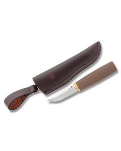 Spyderco Puukko with Brown G-10 Handle and Satin Coated CPM-S30V Stainless Steel 3.313" Drop Point Plain Edge Blade with Brown Leather Sheath Model FB28GBNP