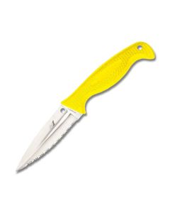 Spyderco FB40SYL Fish Hunter with Yellow FRN Handle and Satin Coated H-1 Steel 4.375" Clip Point Serrated Edge Blade with Black Polymer Sheath Model FB40SYL