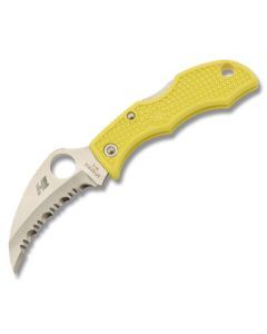 Spyderco Ladybug Hawkbill Salt with Yellow FRN Handle and Satin Coated H-1 Steel 1.875" Spyder Edge Serrated Edge Blade Model LYLS3HB