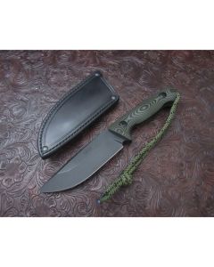 Treeman handmade Knives Combat T.A.S.S. model with 4.75 inch O1 tool steel blade with black DLC coating leather sheath with clip