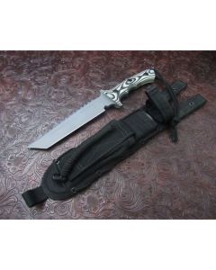 Treeman handmade Knives Ultra Phalanx model with 6.75 inch high carbon steel blade single hilt guard with durable winter camo G-10 handles