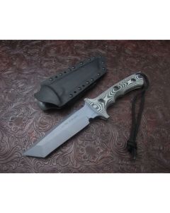 Treeman handmade Knives Ultra Phalanx model with 6 inch high carbon steel blade single hilt guard with durable light and dark gray G-10 handles