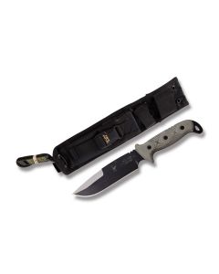 Tops B.E.S.T Fixed Blade Knife with Black Linen Micarta Handle and Black Traction Coated 5160 Carbon Steel 6.75" Drop Point Plain Edge Blade and Black Nylon Belt Sheath Model BE5020HP
