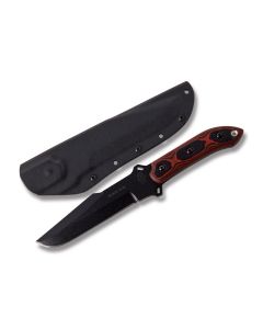 Tops Black Heat Fixed Blade Knife with Red and Black G-10 Handle and Black Traction Coated 1095 Carbon Steel 6" Drop Point Plain Edge Blade and Black Kydex Sheath Model BLKHT01