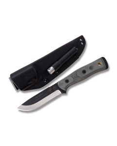 Tops BROS Fixed Blade Knife with Black Linen Micarta Handle and Black Traction Coated 1095 Carbon Steel 4.50" Drop Point Plain Edge Blade Model BROSBLM