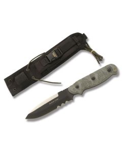 Tops Black Star Evolution with Black Linen Micarta Handle and Black Coated 1095 Carbon Steel 4.875"  Spear Point Plain Edge Blade and Nylon Belt Sheath 