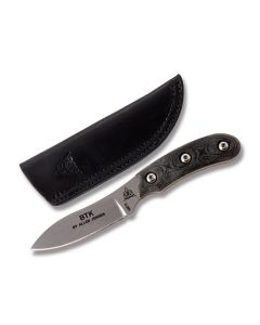 Tops Bird and Trout Fixed Blade Knife with Black Linen Micarta Handle and Stonewash Finished 440C Stainless Steel 3.375" Drop Point Plain Edge Blade and Black Leather Sheath Model BTK-02