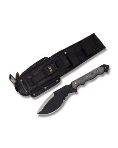 Tops Cuma TAK-RI with Black Linen Micarta Handle and Black Traction Coated Carbon Steel 6.75" Drop Point Partially Serrated Blade and Nylon Sheath Model CUMATK-02