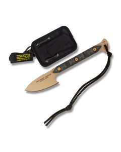 Tops High Desert Harpoon Fixed Blade Knife with Black Rocky Mountain Tread Linen Micarta Handle and Coyote Tan Coated 1095 Carbon Steel 3.188" Drop Point Plain Edge Blade and Black Ballistic Nylon Sheath Model HDH-01