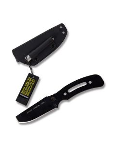 Tops Jensen Survival Tool with Black Traction Coated Skeletonized Handle and Black Traction Coated 1095 Carbon Steel 3.375" Chisel Plain Edge Blade and Kydex Belt Sheath Model JST-01