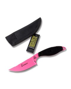 Tops Lioness Fixed Blade Knife with Black G-10 Handle and Tactical Pink Coated 1095 Carbon Steel 4.125" Drop Point Plain Edge Blade and Black Leather Belt Sheath Model LION-01