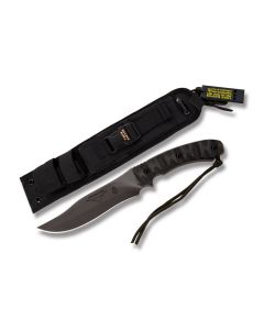 Tops Long Horn Bowie with Rocky Mountain Tread Black Linen Handle and Black River Wash Coated 1095 Carbon Steel 7" Bowie Plain Edge Blade and Black Ballistic Nylon Sheath Model LONGB-RMT