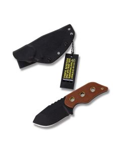 Tops Lil Roughneck Fixed Blade Knife with Tan Canvas Micarta Handle and Black Traction Coated 5160 Carbon Steel 2.75" Drop Point Plain Edge Blade and Black Kydex Sheath Model LRNK-01