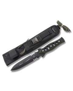 The Tops MAK 7 with Black and Green G-10 Handle and Black Coated 1095 Carbon Steel 6.50" Dagger Plain Edge Blade and Ballistic Nylon Belt Sheath Model MAK-07G