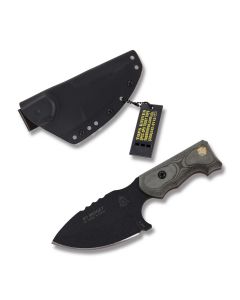 Tops M1 Midget Fixed Knife with Black Micarta Handle and Black Traction Coated 1095 Carbon Steel 4" Drop Point Plain Edge Blade and Kydex Sheath Model M1MGT-01