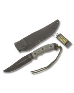 Tops Moccasin Ranger with Linen MIcarta Handle and Black Traction Coated 1095 Carbon Steel 6.50" Clip Point Plain Edge Blade and Kydex Sheath Model MR88