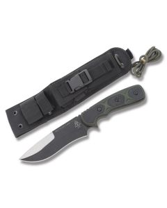 Tops Mountain Lion with Green and Black G-10 Handle and Epoxy Coated 1095 Carbon Steel 5.50" Spear Point Plain Edge Blade and Nylon Belt Sheath Model MTLN-01