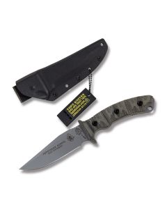 Tops Pathfinder School Fixed Blade Knife with Black Linen Micarta Handle and Tactical Gray Coated 1095 Carbon Steel 4" Clip Point Plain Edge Blade and Kydex Sheath Model PFS-01