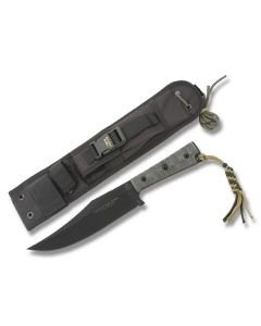 TOPS Prather War Bowie with Black Linen Micarta Rocky Mountain Tread Handles and Black traction Coated 1095 Carbon Steel 7.25" Clip Point Plain Edge Blade Model PWB-01