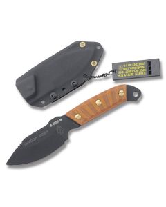 Tops Shadow Rider with Tan Canvas Micarta Handle and Black Epoxy Coated 1095 Carbon Steel 3.25" Drop Point Plain Edge Blade and Kydex Sheath Model TPSDRD-01