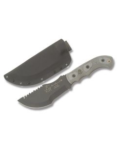 TOPS Tom Brown Tracker with Black Linen Micarta Handle and Black Traction Coated 1095 Carbon Steel 6.3" Wide Belly Plain Edge Blade and Kydex Sheath Model TBT-010