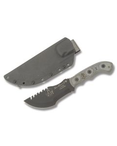 TOPS Tom Brown Tracker II with Black Linen Micarta Handle and Black Traction Coated 1095 Carbon Steel 5" Modified Spear Plain Edge Blade and Kydex Sheath Model TPT010T2 