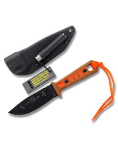 Tops Lite Trekker Hunter Orange with Tan Canvas Micarta Handle and Black Traction Epoxy Coated 1095 Carbon Steel 4.375" Drop Point Plain Edge Blade and Kydex Sheath Model TLT-01 HUNTER ORANGE 