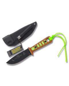 Tops Lite Trekker Survival Fixed Blade Knife with Tan Canvas Micarta Handle and Black Traction Epoxy Coated 1095 Carbon Steel 4.375" Drop Point Plain Edge Blade and Kydex Sheath Model TLT-01 SURVIVAL GRN