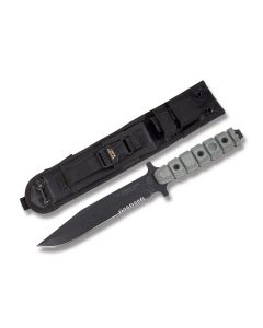 TOPS US Combat Knife with Black Linen Micarta Handle and Black Traction Coated 1095 Carbon Steel 7.875" Drop Point Plain Edge Blade and Ballistic Nylon Belt Sheath Model US-01