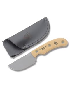 Tops White Fang with Antique Paper Micarta Handle and 440C  Stainless Steel 3.25" Drop Point Plain Edge Blade and Leather Belt Sheath Model TPWHTF-01