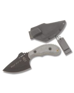 TOPS Wolf Pup XL with Black Linen Micarta Handles and Black Traction Coated 1095 Carbon Steel 3.50" Skinner Plain Edge Blade With a Kydex Sheath Model WP011