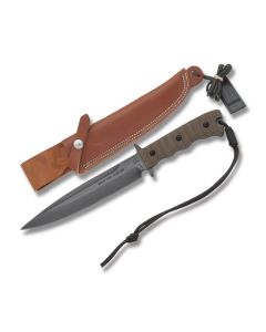 TOPS Wild Pig Hunter with Green Canvas Micarta Handle and Black River Wash Coated 1095 Carbon Steel 7.50" Spear Point Plain Edge Blade with Brown Leather Sheath Model WPH-07