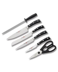 Wusthof Classic Ikon 7 Piece Kitchen Block Set with Black Polyoxymethylene Handle and Satin Coated High Carbon Stainless Steel Blades with 15 Slot Block Model 8347