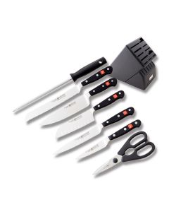 Wusthof 8 Piece Deluxe Block Set with Black Polyoxymethylene Handles and Satin Coated High Carbon Stainless Steel Blades with Black Plastic Block Model 8408-4