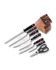 Wusthof 8 Piece Deluxe Block Set with Black Polyoxymethylene Handles and Satin Coated High Carbon Stainless Steel Blades with Acacia Block Model 8408-6