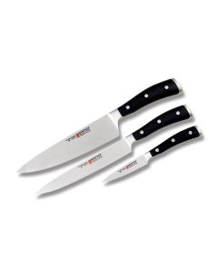 Wusthof Classic Ikon 3 Piece Cook's Knife Set with Black Polyoxymethylene Handle and Satin Coated High Carbon Stainless Steel Blades Model 9601