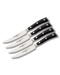 Wusthof Classic Ikon 4 Piece Steak Knife Set with Black Polyoxymethylene Handle and Satin Coated High Carbon Stainless Steel 4.50" Steak Plain Edge Blade Model 9716