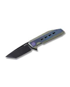 WE Knife Co. 602B with Blue and Green Titanium Handle with Black Stonewash Coated CPM-S35VN Stainless Steel 3.625" Tanto Tip Plain Edge Blade Model 602B
