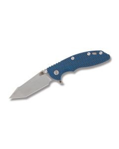 Rick Hinderer XM-18 Framelock with Blue and Black G-10 Handles and Working Finish S35VN 3.50" Fatty Harpoon Tanto Plain Edge Blades