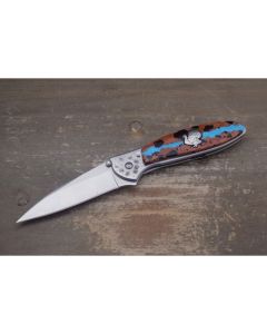 Kershaw Brian Yellowhorse Custom Turkey Leek with Stainless Steel and Kingman Turquoise Overlay Handle and Satin Coated 14C28N Sandvik Steel 3" Modified Drop Point Plain Edge Blade