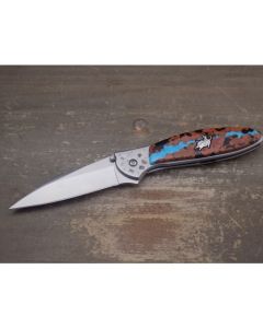 Kershaw Brian Yellowhorse Custom Bull Rider Leek Folder with Stainless Steel and Kingman Turquoise Overlay Handle with Satin Coated 14C28N Sandvik Steel 3" Modified Drop Point Plain Edge Blade