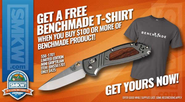 Free Benchmade T-shirt with Benchmade purchase of $100 or more! While supplies last. Web Only.